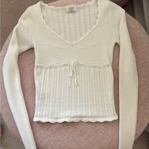 Aritzia White Ribbed V-Neck Long Sleeve Knit Top